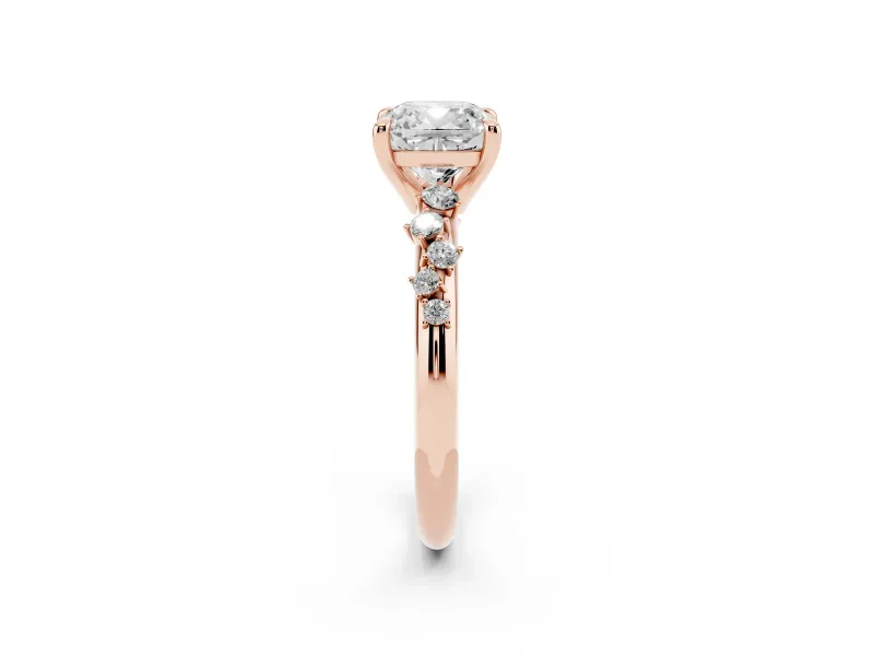 Cushion Cut Diamond Solitaire Vine Band Ring Set in Rose gold with Round Accents and Prong Setting