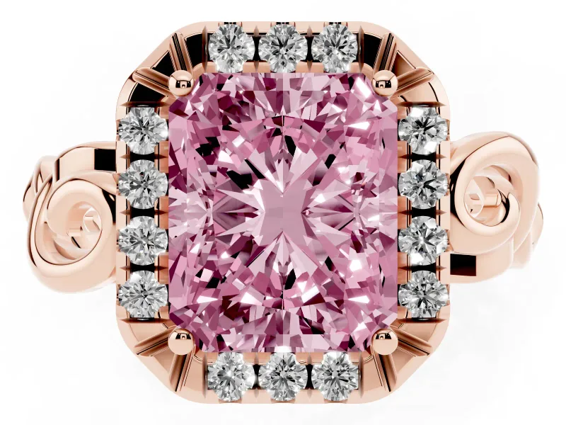 Radiant Cut Filigree Halo Engagement Ring Setting for a Fancy Pink Lab-Grown Diamond | Rose Gold