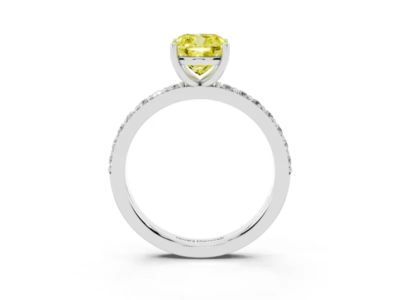 Fancy Yellow Cushion Cut Diamond Solitaire Set in Platinum with Round Pavé Band and Prong Setting