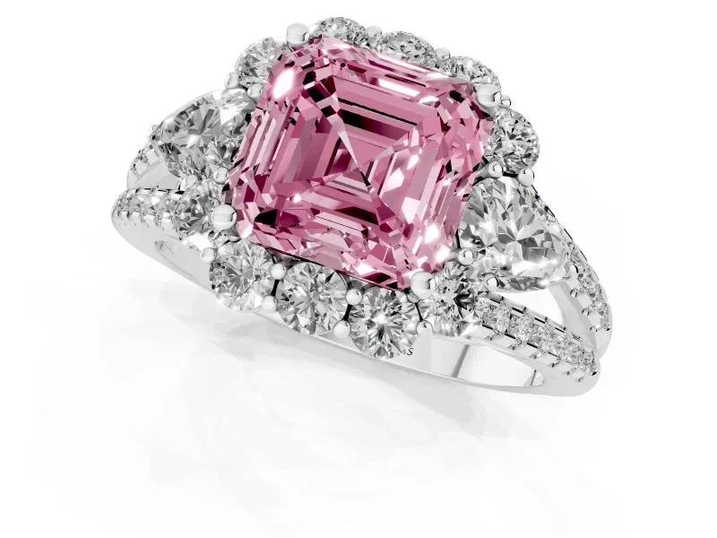 Fancy Pink Asscher Cut Diamond Halo Split Shank Engagement Ring Set in Platinum with Prong-Held Center Stone