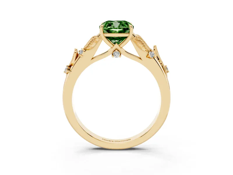 Cushion Cut Leaf Solitaire Engagement Ring Setting for a Fancy Green Lab-Grown Diamond | Yellow Gold