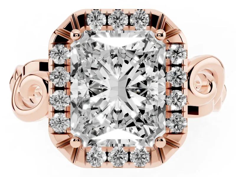 Radiant Cut Vintage Filigree Halo Engagement Ring Setting | Scroll Shoulders | Rose Gold