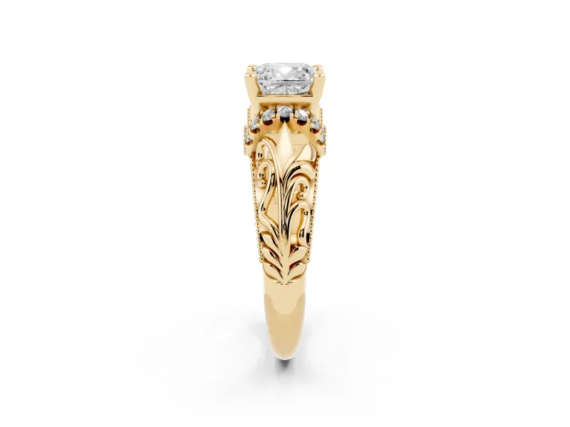 Cushion Cut Diamond Filigree Halo Engagement Ring Set in Yellow gold with Prong Setting