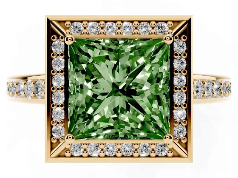 Princess Cut Sectioned Halo Engagement Ring Setting for a Fancy Green Lab-Grown Diamond | Yellow Gold