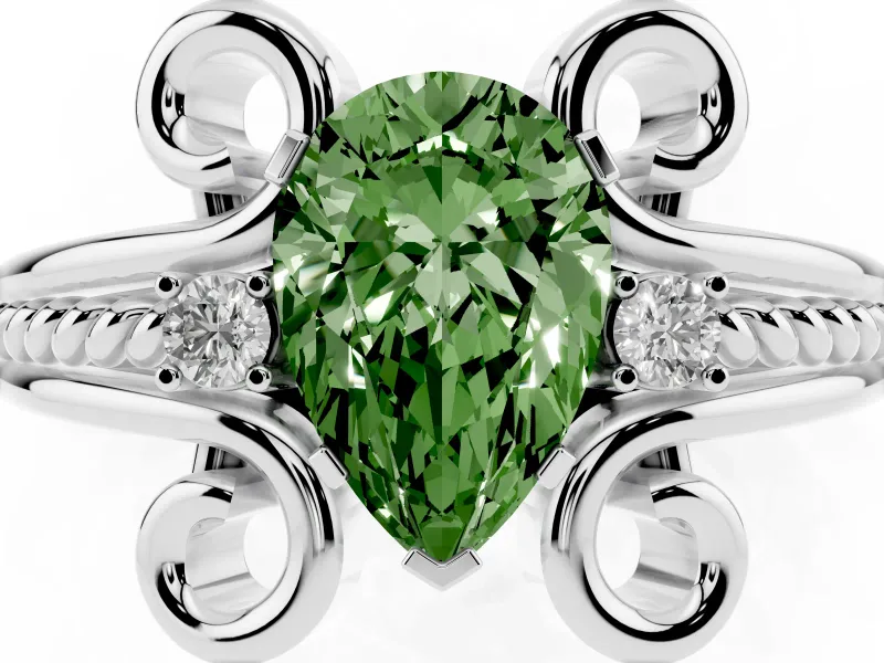Fancy Green Pear Cut Diamond Twisted Band Solitaire Ring Set in Silver with Scroll Prongs