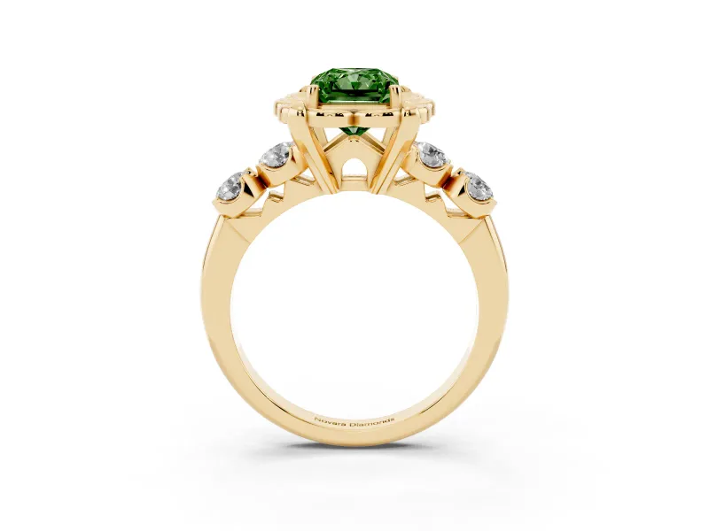 Fancy Green Radiant Cut Diamond Floral Halo Ring Set in Yellow gold with Shared Prong Band