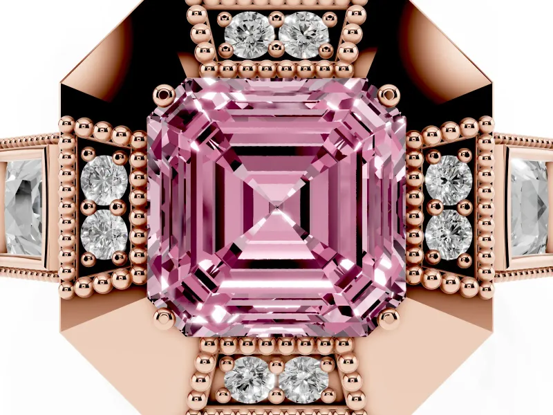 Fancy Pink Asscher Cut Diamond Milgrain Halo Ring Set in Rose gold with Split Shank