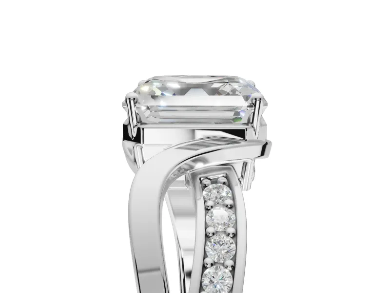 Asscher Cut Bypass Solitaire Engagement Ring Setting | Pavé and Plain Strands | White Gold