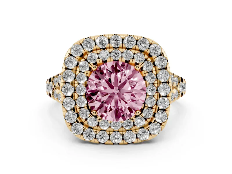 Fancy Pink Round Cut Diamond Double Halo Ring Set in Yellow gold with Pavé Split Shank and Prong Setting