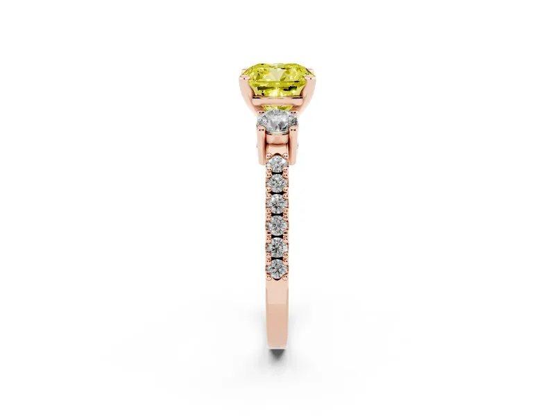 Fancy Yellow Three-Stone Cushion Cut Diamond Pavé Band Ring Set in Rose gold with Prong Setting
