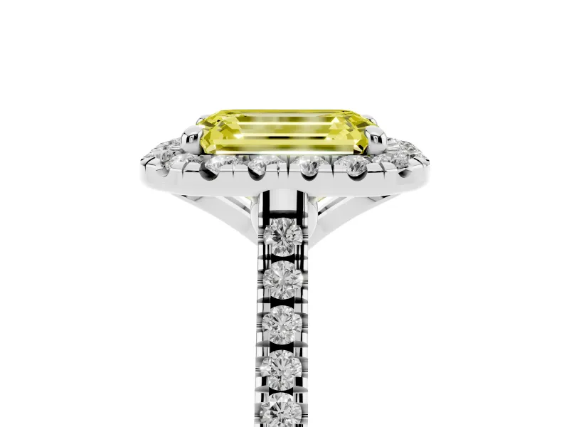 Emerald Cut Halo Engagement Ring Setting for a Fancy Yellow Lab-Grown Diamond | Tapered Band | Platinum