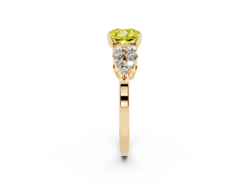 Fancy Yellow Cushion Cut Diamond Cluster Engagement Ring Set in Yellow gold with Pavé Band and Prong Setting