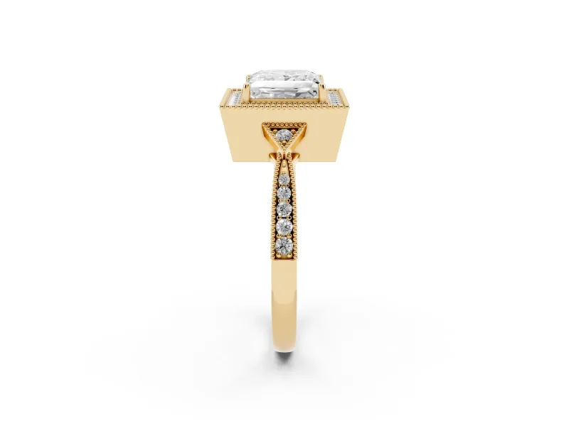 Princess Cut Vintage Milgrain Halo Engagement Ring Setting | Graduated Pavé Band | Yellow Gold