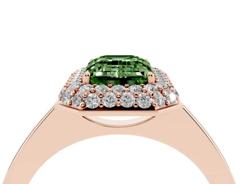 Emerald Cut Pave Halo Engagement Ring Setting for a Fancy Green Lab-Grown Diamond | Slim Plain Band | Rose Gold