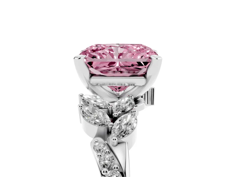 Radiant Cut Floral Engagement Ring Setting for a Fancy Pink Lab-Grown Diamond | Marquise Side Stones | Sterling Silver