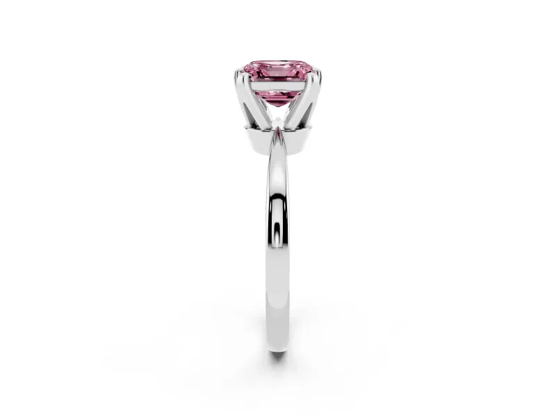 Fancy Pink Asscher Cut Diamond Solitaire Engagement Ring Set in White gold with Slim Tapered Solitaire Band
