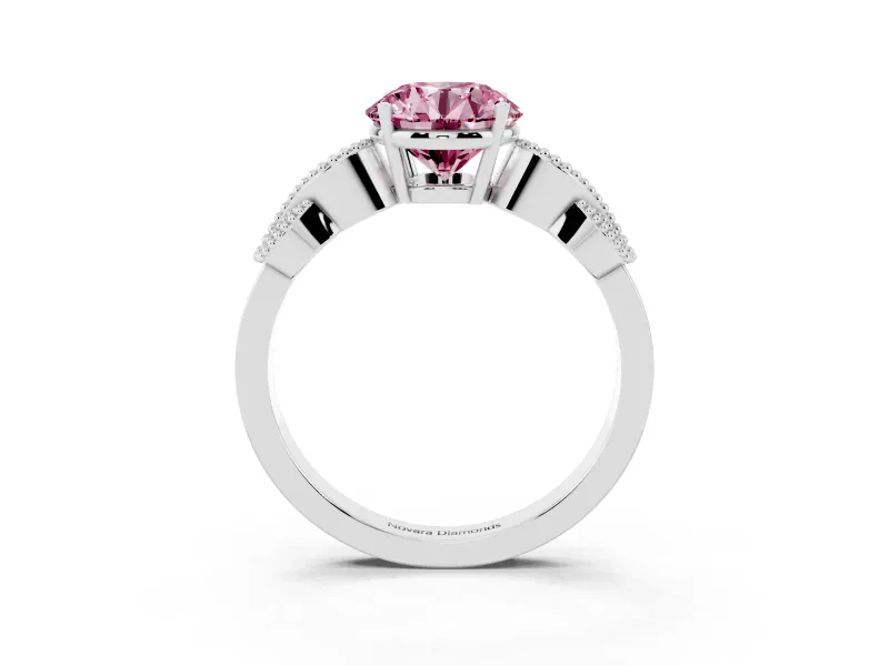 Round Vintage Leaf Solitaire Engagement Ring Setting for a Fancy Pink Lab-Grown Diamond | White Gold
