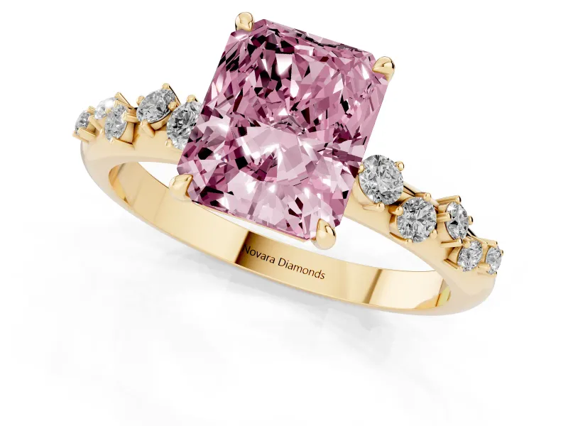 Fancy Pink Radiant Cut Diamond Cluster Solitaire Ring Set in Yellow gold with Prong Setting