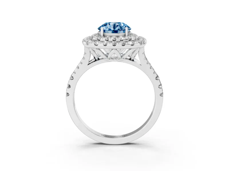 Round Halo Split Shank Engagement Ring Setting for a Fancy Blue Lab-Grown Diamond | Pavé Strands | White Gold