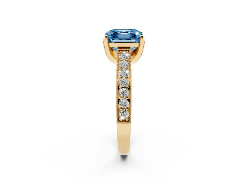 Asscher Cut Hidden Halo Engagement Ring Setting for a Fancy Blue Lab-Grown Diamond | Milgrain Pave | Yellow Gold