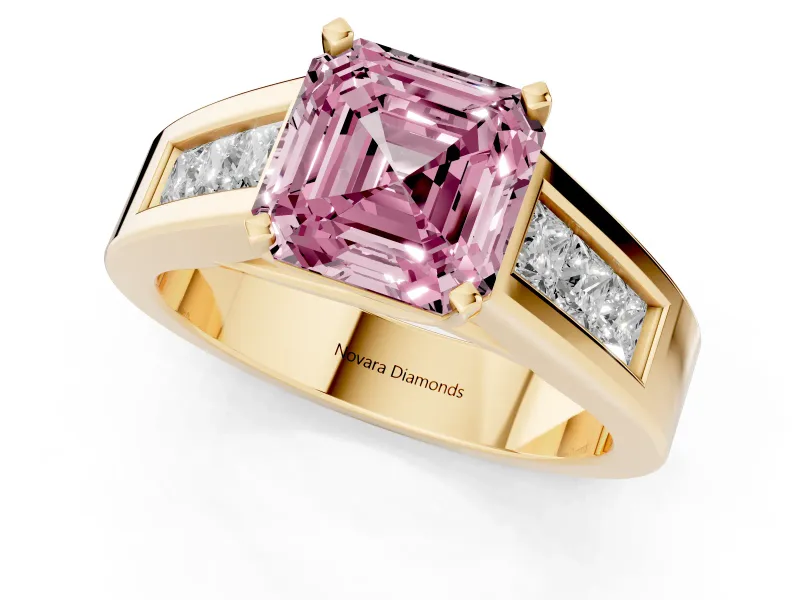 Fancy Pink Asscher Cut Diamond Solitaire Ring Set in Yellow gold with Channel-Set Accent Stones and Prong Setting
