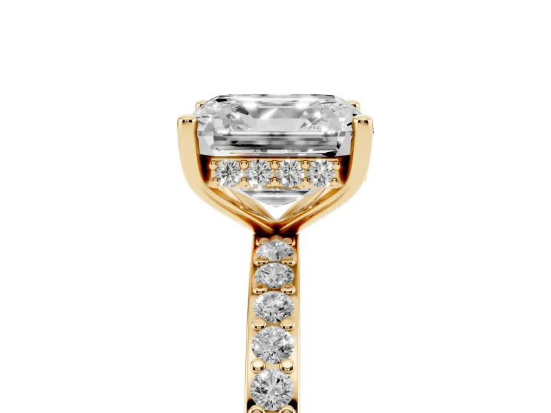 Asscher Cut Diamond Pavé Band Ring Set in Yellow gold with Prong-Set Center Stone