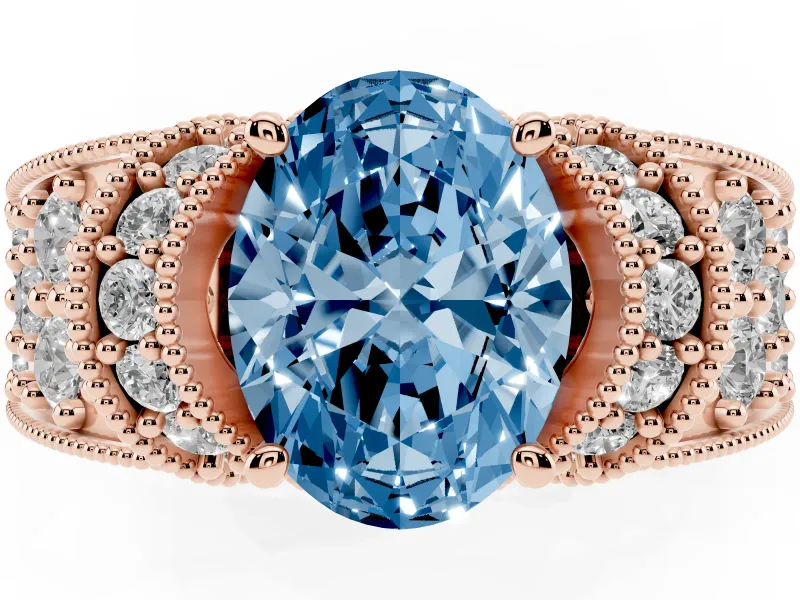 Oval Vintage Milgrain Pave Engagement Ring Setting for a Fancy Blue Lab-Grown Diamond | Crescent Side Rows | Rose Gold