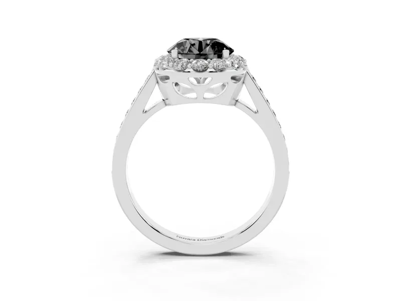 Fancy Black Round Cut Diamond Floral Halo Ring Set in Silver with Pavé Band and Prong Setting