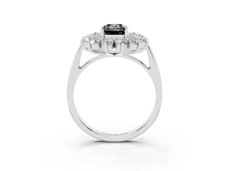 Emerald Cut Floral Double Halo Engagement Ring Setting for a Black Center | Plain Band | White Gold