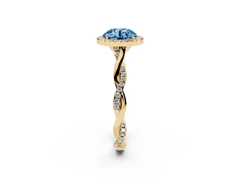Round Twist Halo Engagement Ring Setting for a Fancy Blue Lab-Grown Diamond | Yellow Gold