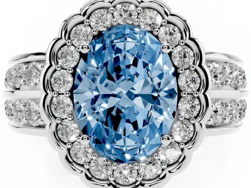 Fancy Blue Oval Cut Diamond Scalloped Halo Ring Set in White gold with Pavé Split Shank