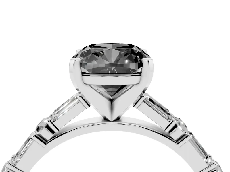 Cushion Cut Baguette Side Stone Engagement Ring Setting for a Black Center | White Gold