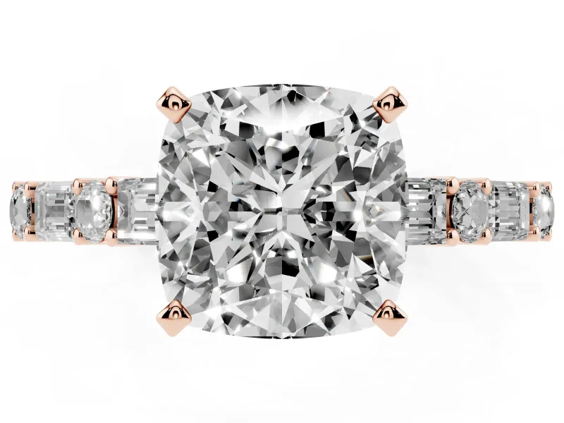Cushion Cut Diamond Solitaire Set in Rose gold with Side Baguettes and Channel Set Band