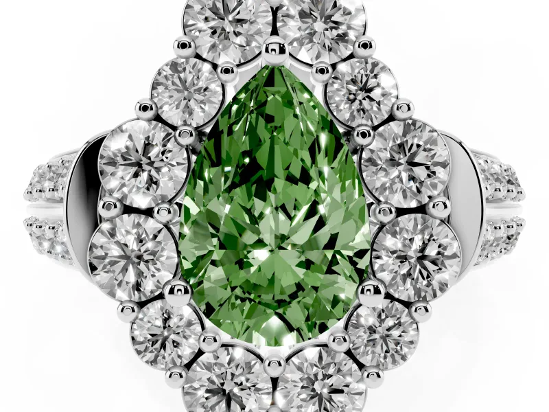 Fancy Green Pear Cut Diamond Halo Engagement Ring Set in Platinum with Split Shank and Prong Setting