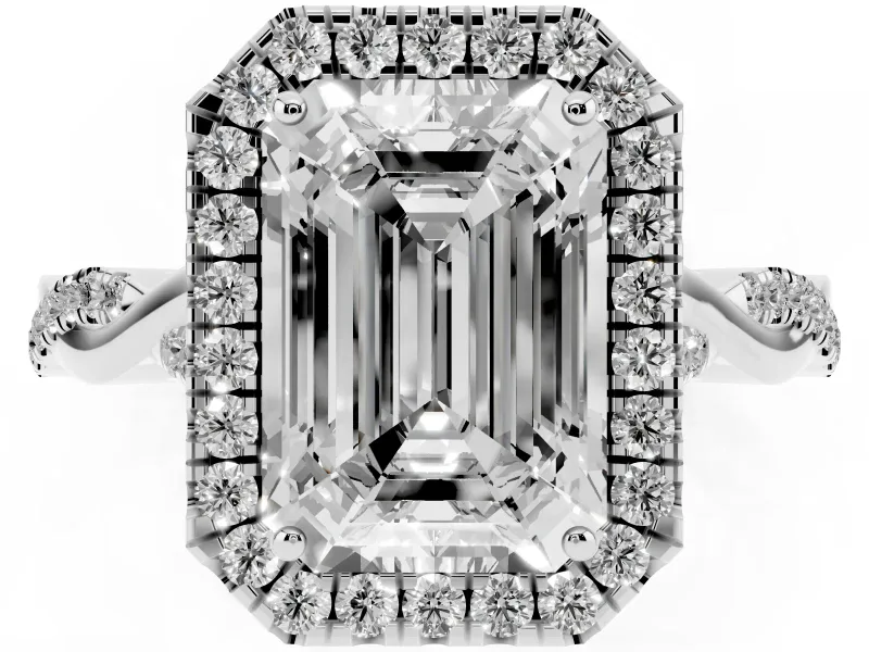 Emerald Cut Halo Engagement Ring Setting | Pavé Twist Band | White Gold