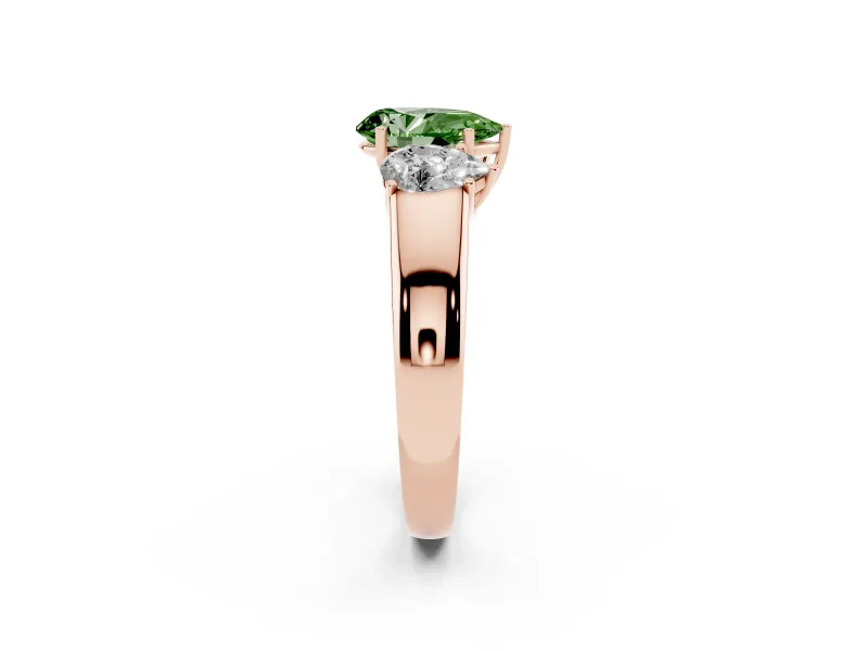 Fancy Green Three-Stone Pear Cut Diamond Ring Set in Rose gold with Matching Prong Settings and Plain Band