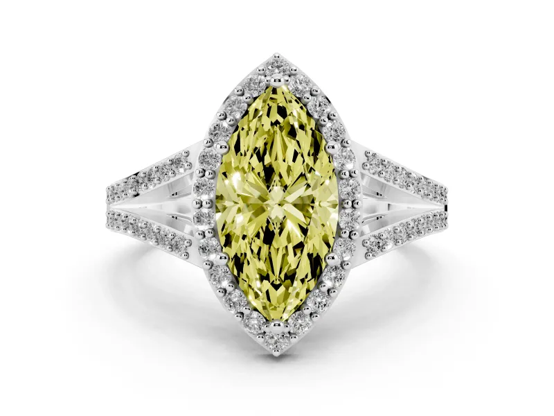 Fancy Yellow Marquise Cut Diamond Halo Split Shank Pavé Ring Set in Silver with Prong Setting