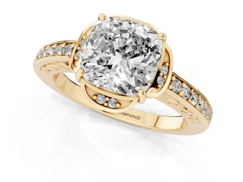 Cushion Cut Floral Pavé Engagement Ring Setting | Petal Accents | Yellow Gold