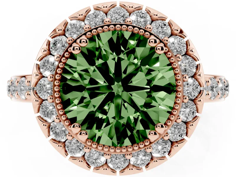 Round Vintage Milgrain Halo Engagement Ring Setting for a Fancy Green Lab-Grown Diamond | Pierced Gallery | Rose Gold