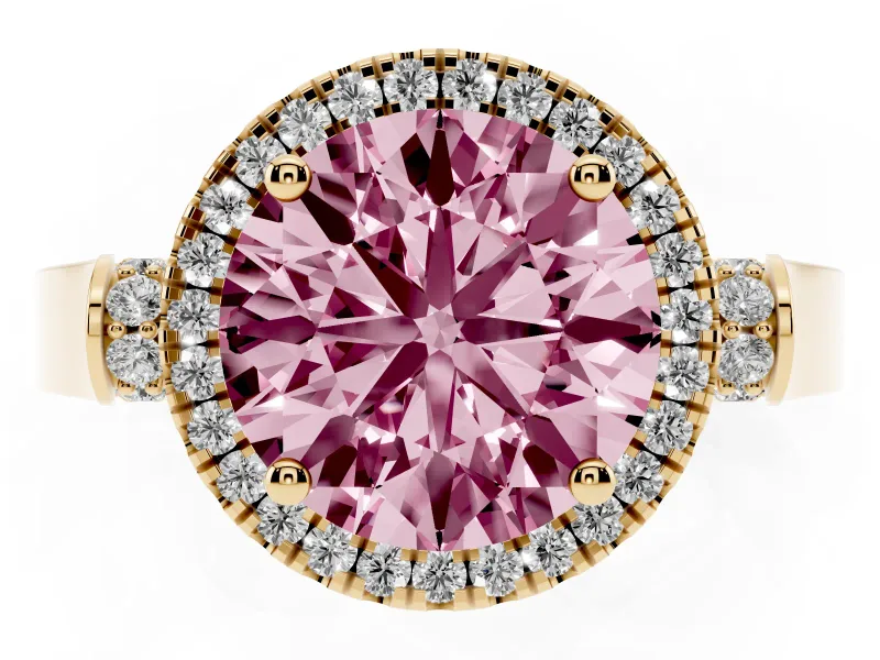 Round Pavé Halo Engagement Ring Setting for a Fancy Pink Lab-Grown Diamond | Yellow Gold