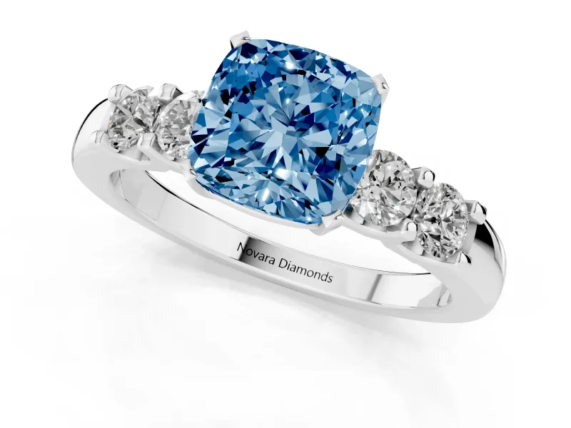 Fancy Blue Cushion Cut Diamond Five-Stone Prong Set Engagement Ring Set in Platinum with Channel Band
