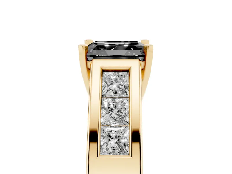 Fancy Black Asscher Cut Diamond Solitaire Ring Set in Yellow gold with Channel-Set Accent Stones and Prong Setting