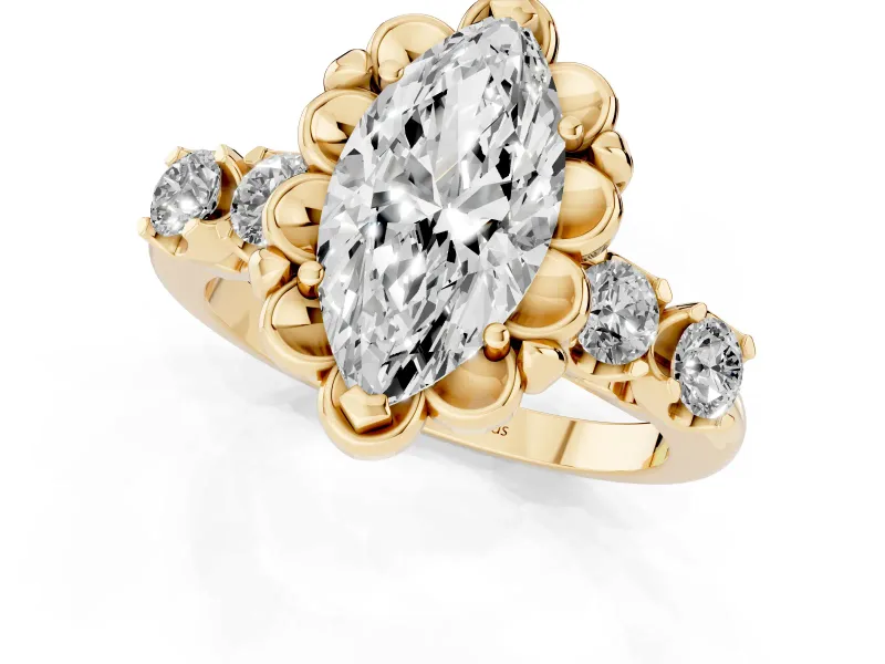 Marquise Floral Engagement Ring Setting | Petal Frame and Side Stones | Yellow Gold