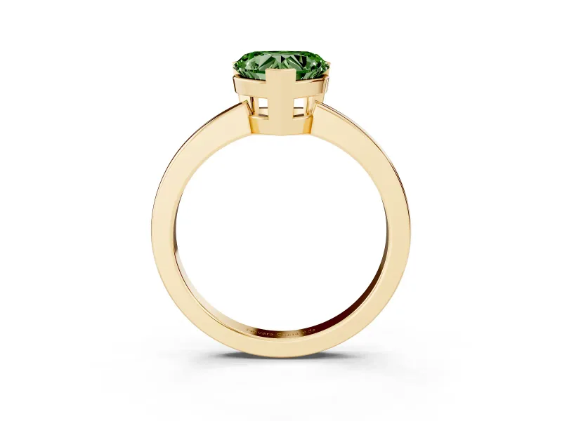Fancy Green Heart Cut Diamond Solitaire Ring Set in Yellow gold with Prong Head and Smooth Polished Band