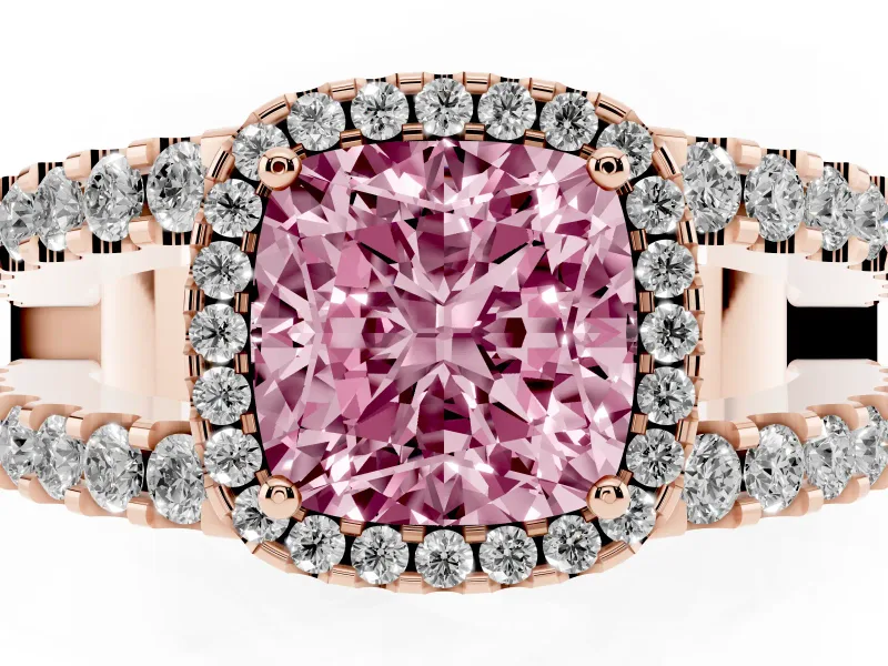 Fancy Pink Cushion Cut Diamond Halo Ring Set in Rose gold with Pavé Split Shank and Prong Setting