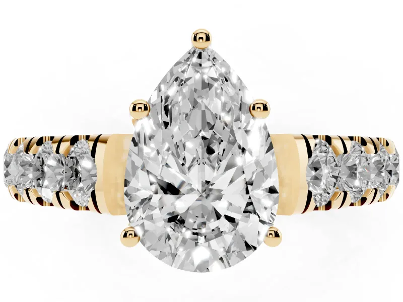 Pear-Shaped Cut-Down Side Stone Engagement Ring Setting | Scalloped Shoulders | Yellow Gold
