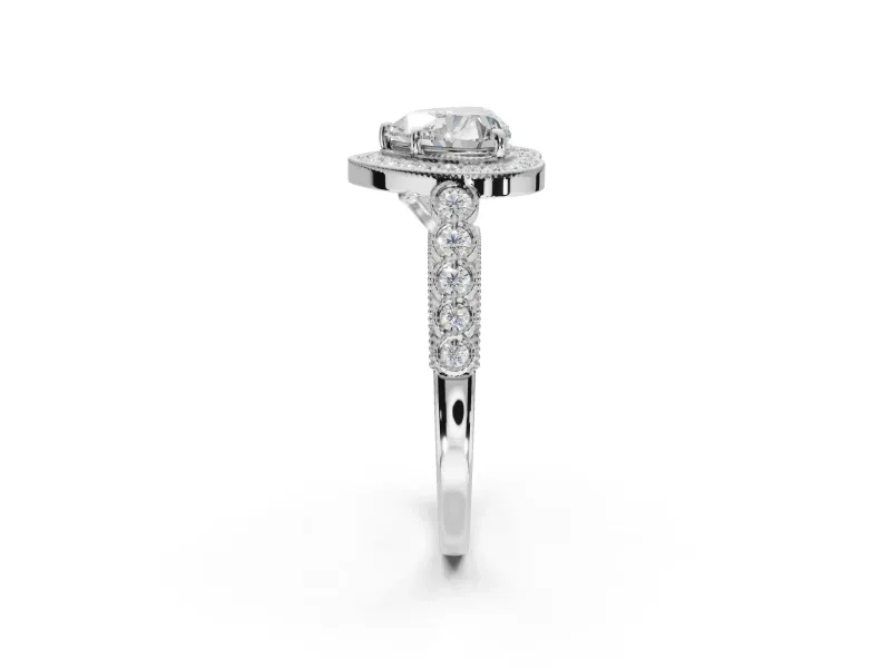 Heart-Shaped Lab-Grown Diamond Milgrain Halo Solitaire Ring Set in Sterling Silver with Bezel Set Side Stones and Pavé Band