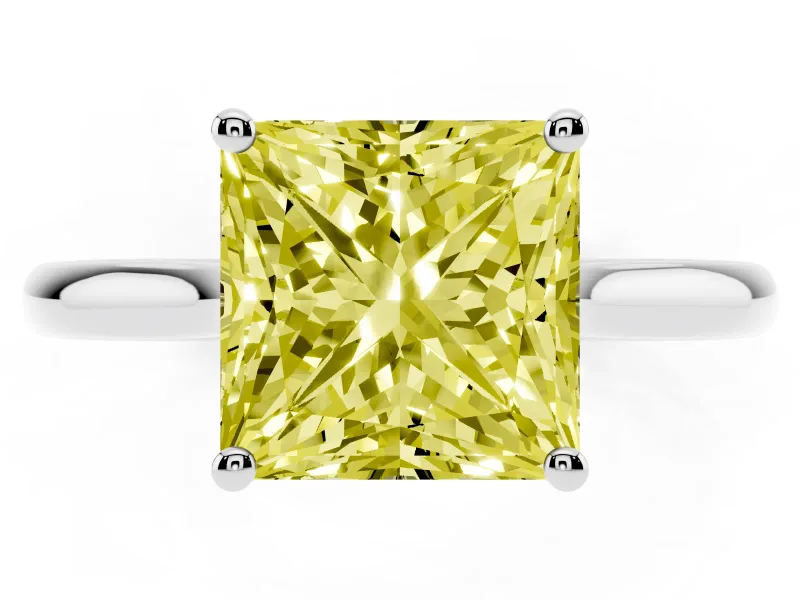 Fancy Yellow Princess Cut Diamond Solitaire Ring Set in White gold with Cathedral Band and Prong Setting
