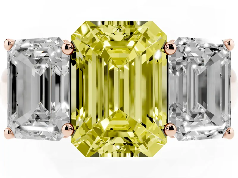 Emerald Cut Three Stone Engagement Ring Setting for a Fancy Yellow Lab-Grown Diamond | Basket Prong Heads | Rose Gold