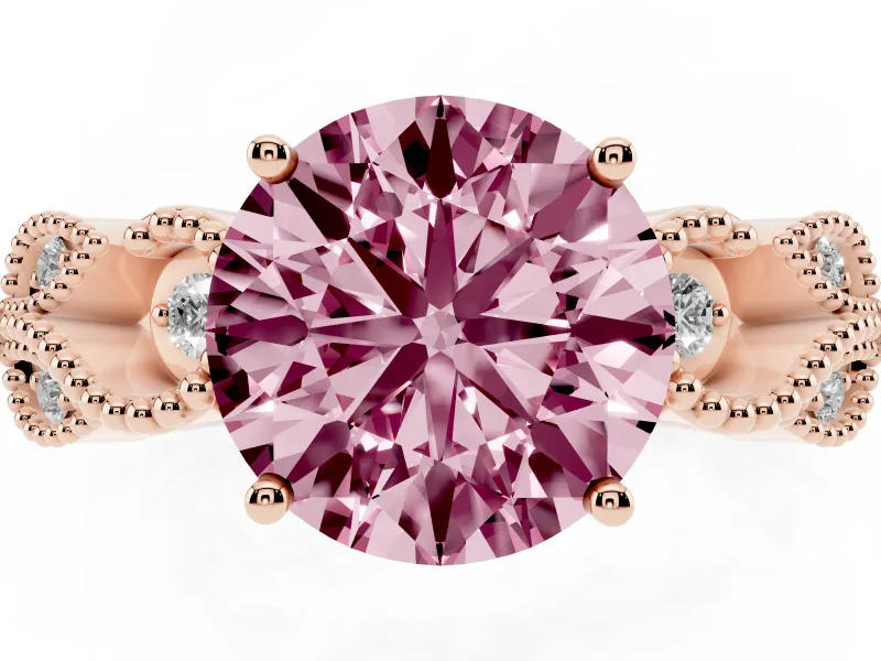 Fancy Pink Round Cut Diamond Milgrain Leaf Band Solitaire Ring Set in Rose gold with Accent Stones and Prong Setting
